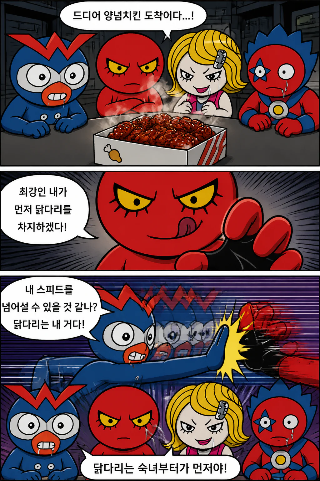 양념치킨 가지고 싸우는 다크맨 사천왕