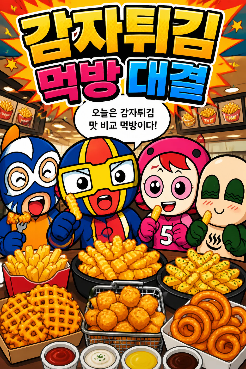 바이크 패밀리 먹방 다양한 종류의 감자튀김
