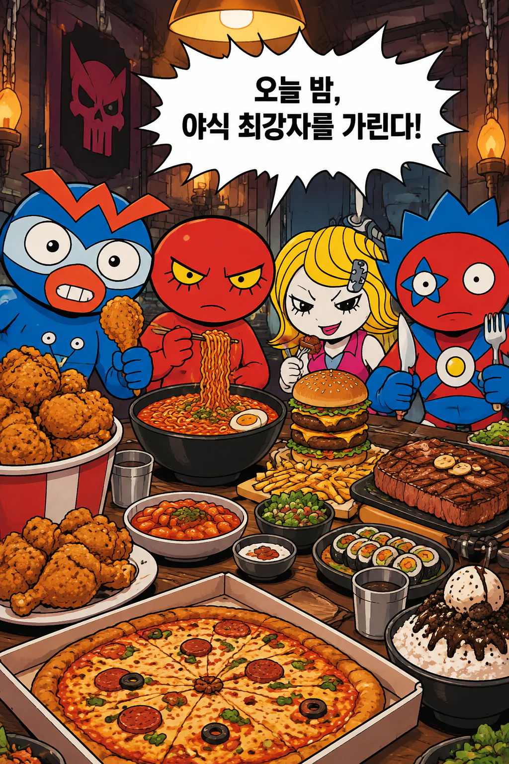 다크맨 사천왕 다양한 종류의 야식을 먹다
