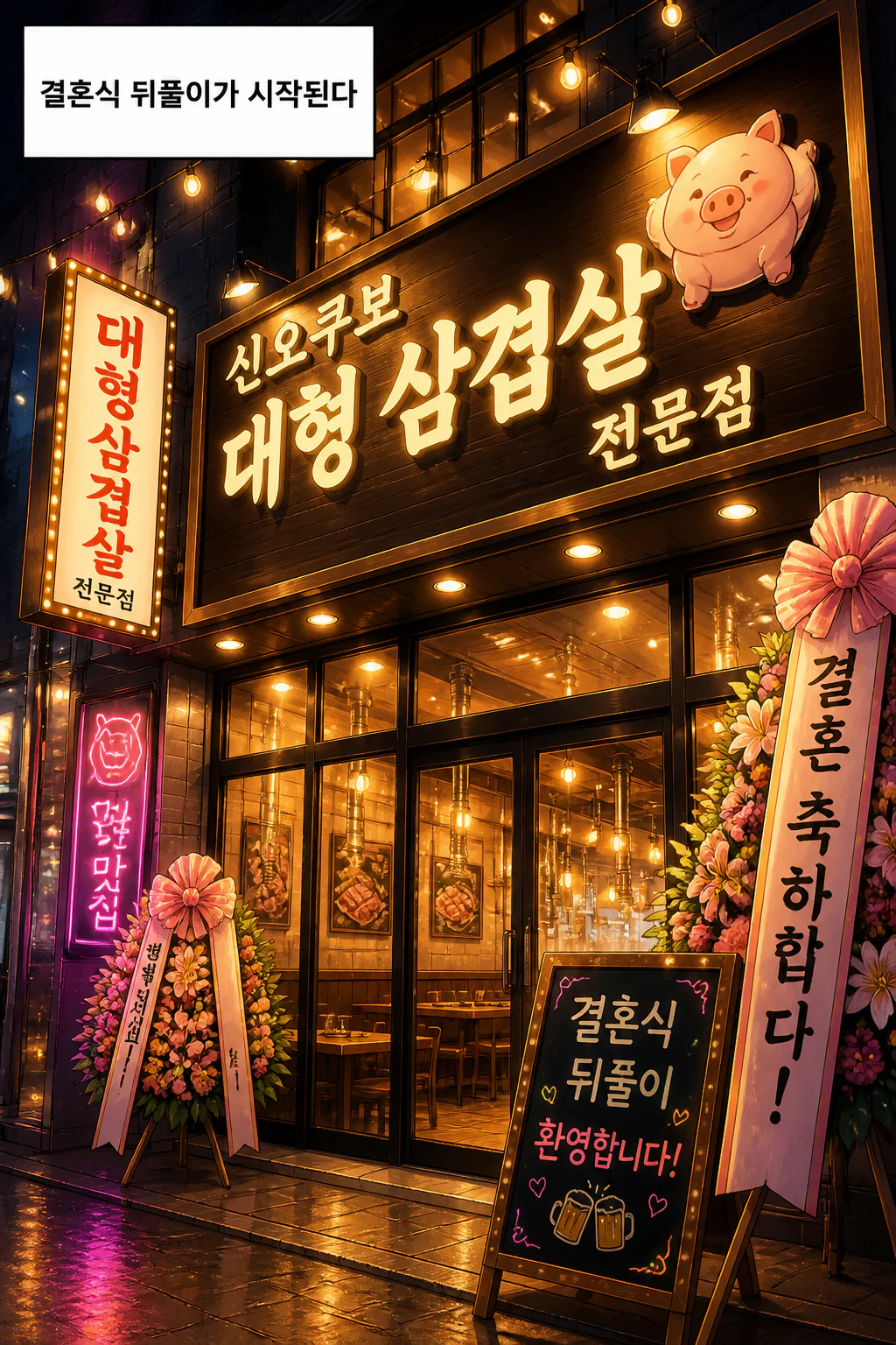 결혼식이 끝난 후 신오쿠보의 대형 삼겹살 전문점에서 회식을 하다