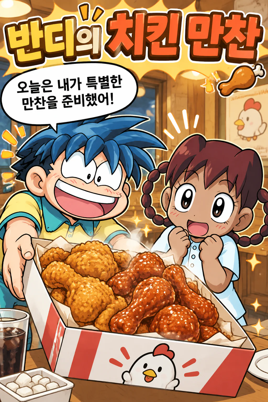 반디에게 다양한 맛의 한국식 치킨들을 대접하는 지팡이