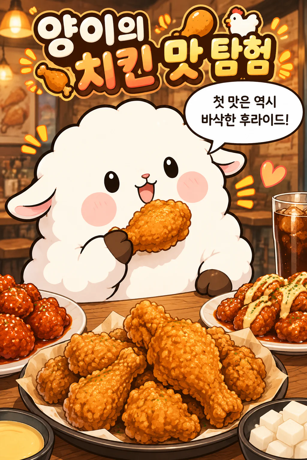 양이 다양한 맛의 한국식 치킨을 먹다