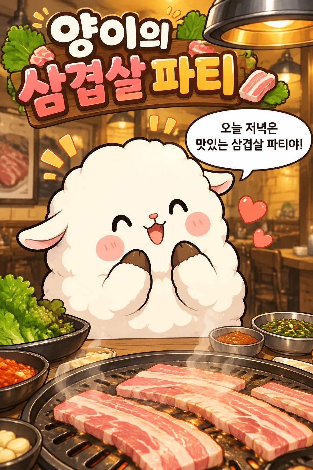 양이 삼겹살 구이에 구운 김치 그리고 음료수를 즐기다