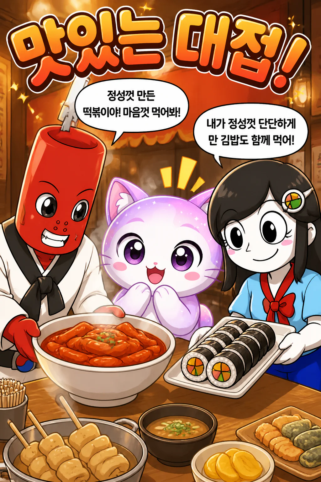 김밥소녀와 떡볶이군 젠냥이에거 떡볶이와 김밥을 대접하다