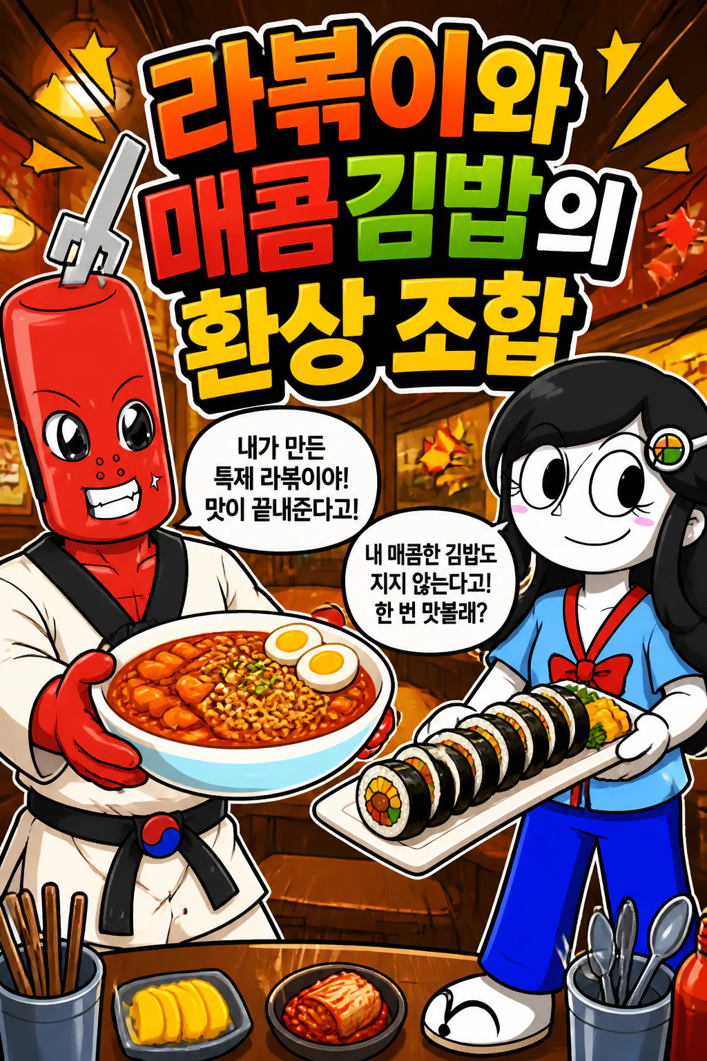 떡볶이군과 김밥소녀 서로 만든 요리를 먹다