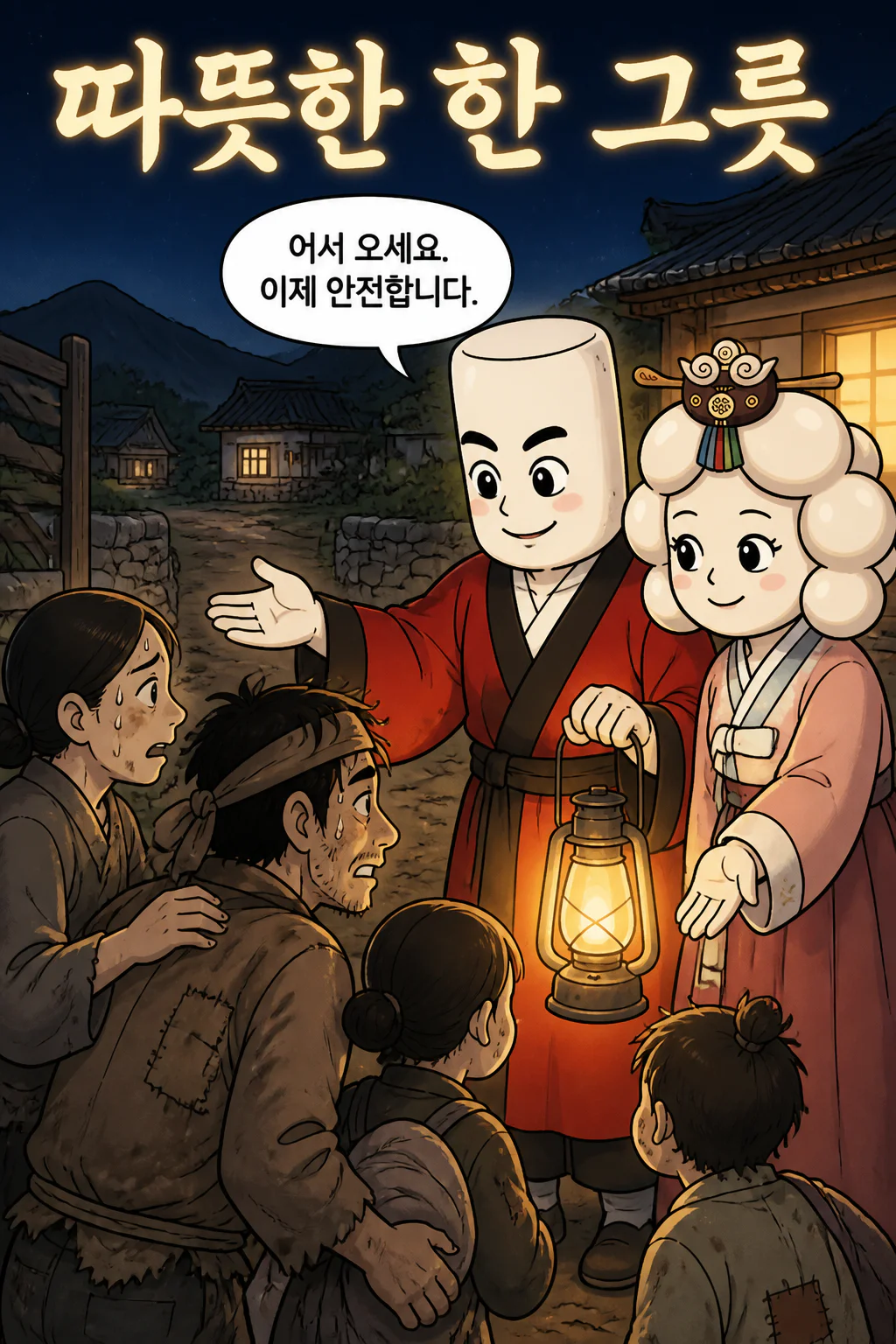 떡볶이군의 부모님 죽음의 땅에서 탈출한 주민들에게 식사를 대접하다