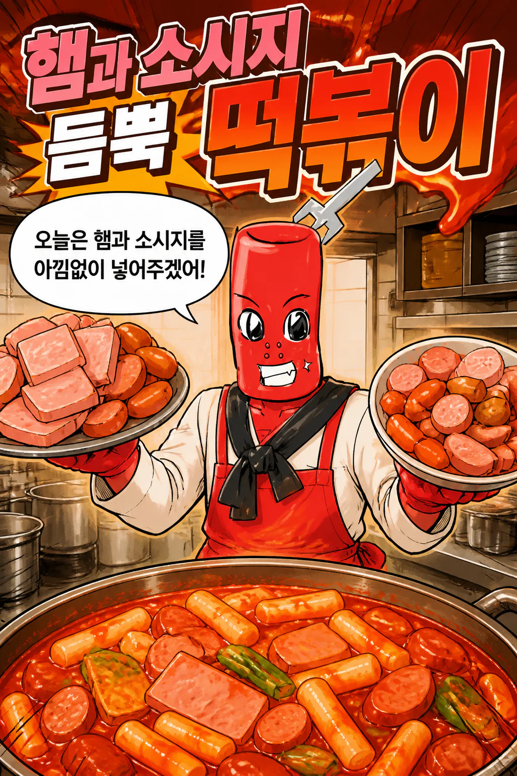 떡볶이군 햄과 소시지가 아낌없이 들어간 떡볶이를 만들다
