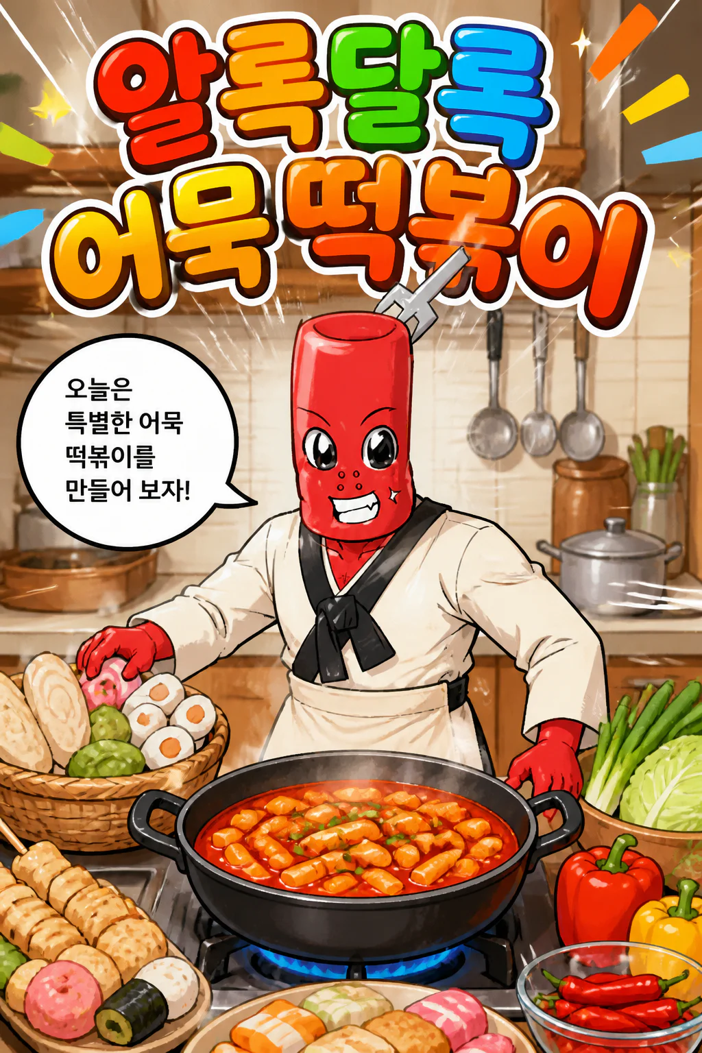 떡볶이군 다양한 어묵이 들어간 떡볶이를 만들다