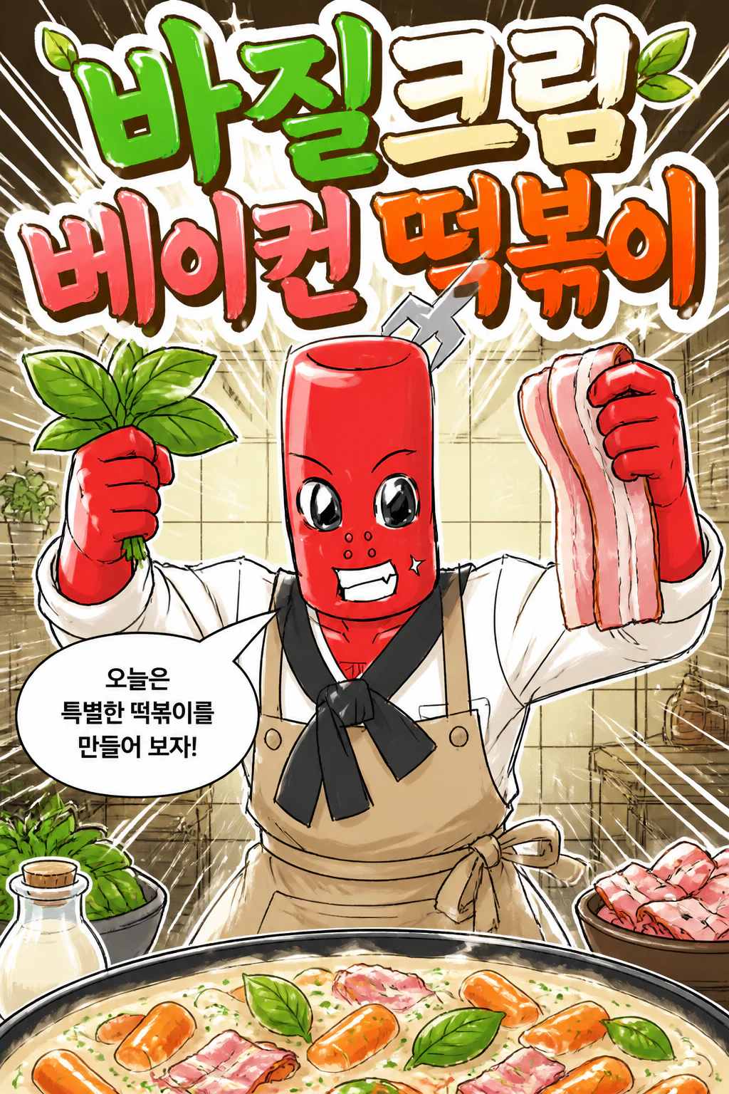 떡볶이군 바질 크림 베이컨 떡볶이를 만들다