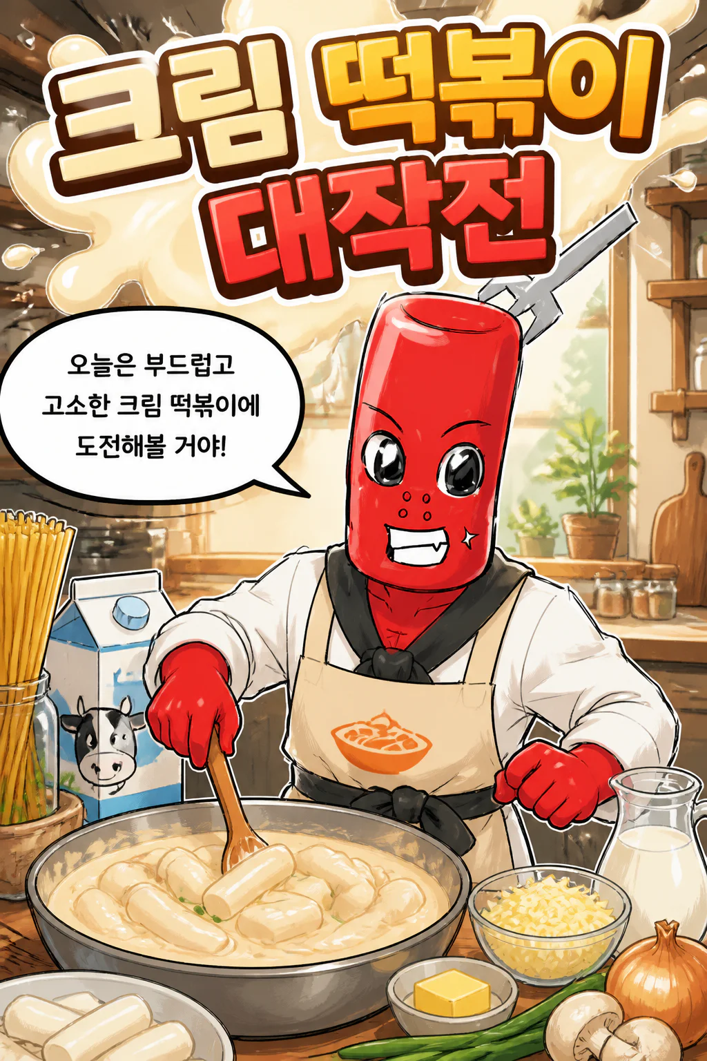 떡볶이군 크림 떡볶이를 만들다