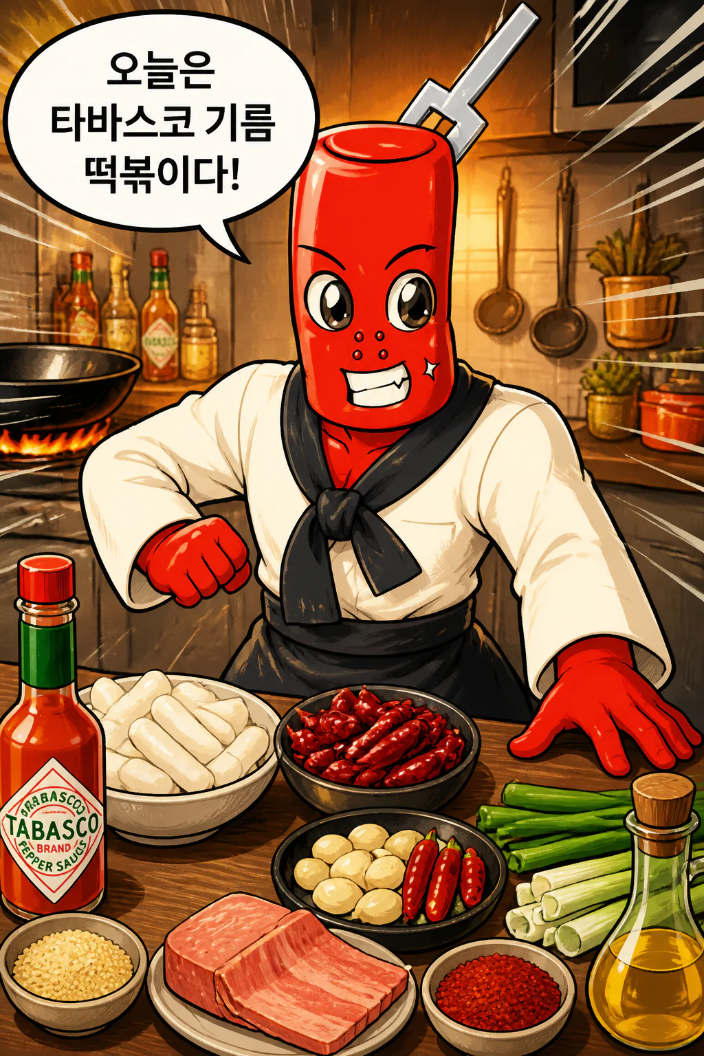 떡볶이군 타바스코 기름 떡볶이를 만들다