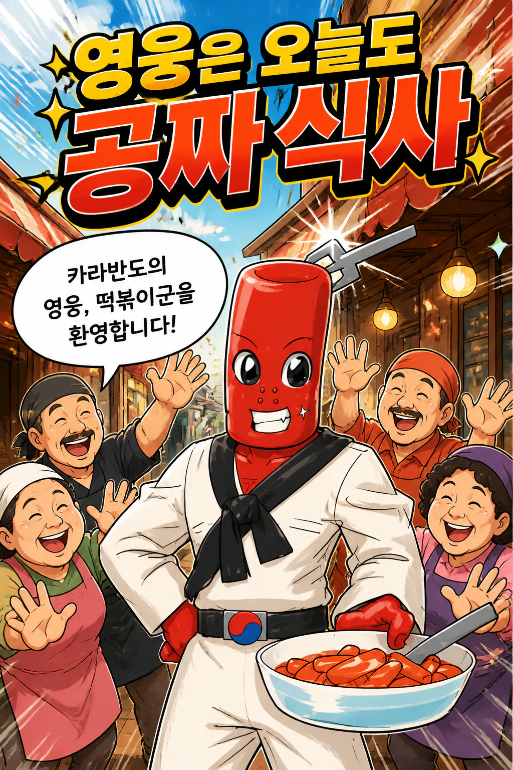 떡볶이군 카라반도의 식당 사장님들에게 블랙 떡볶이군을 물리친 영웅이라는 이유로 음식값을 무료로 제공 받다