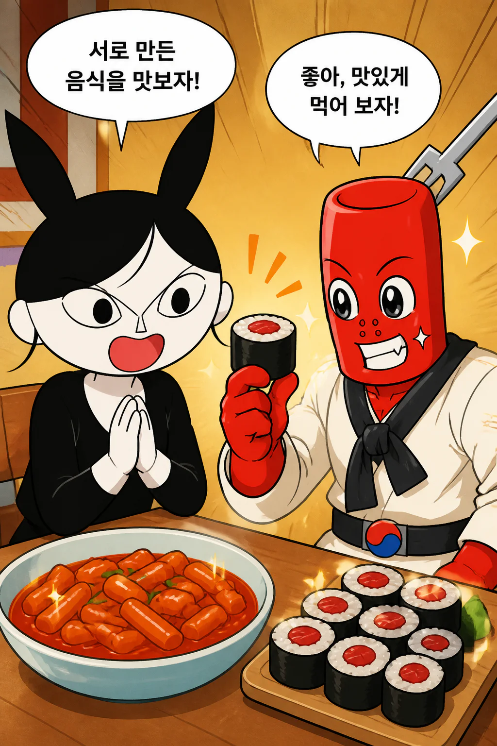 떡볶이군과 롤초밥소녀 서로가 만든 음식을 먹다