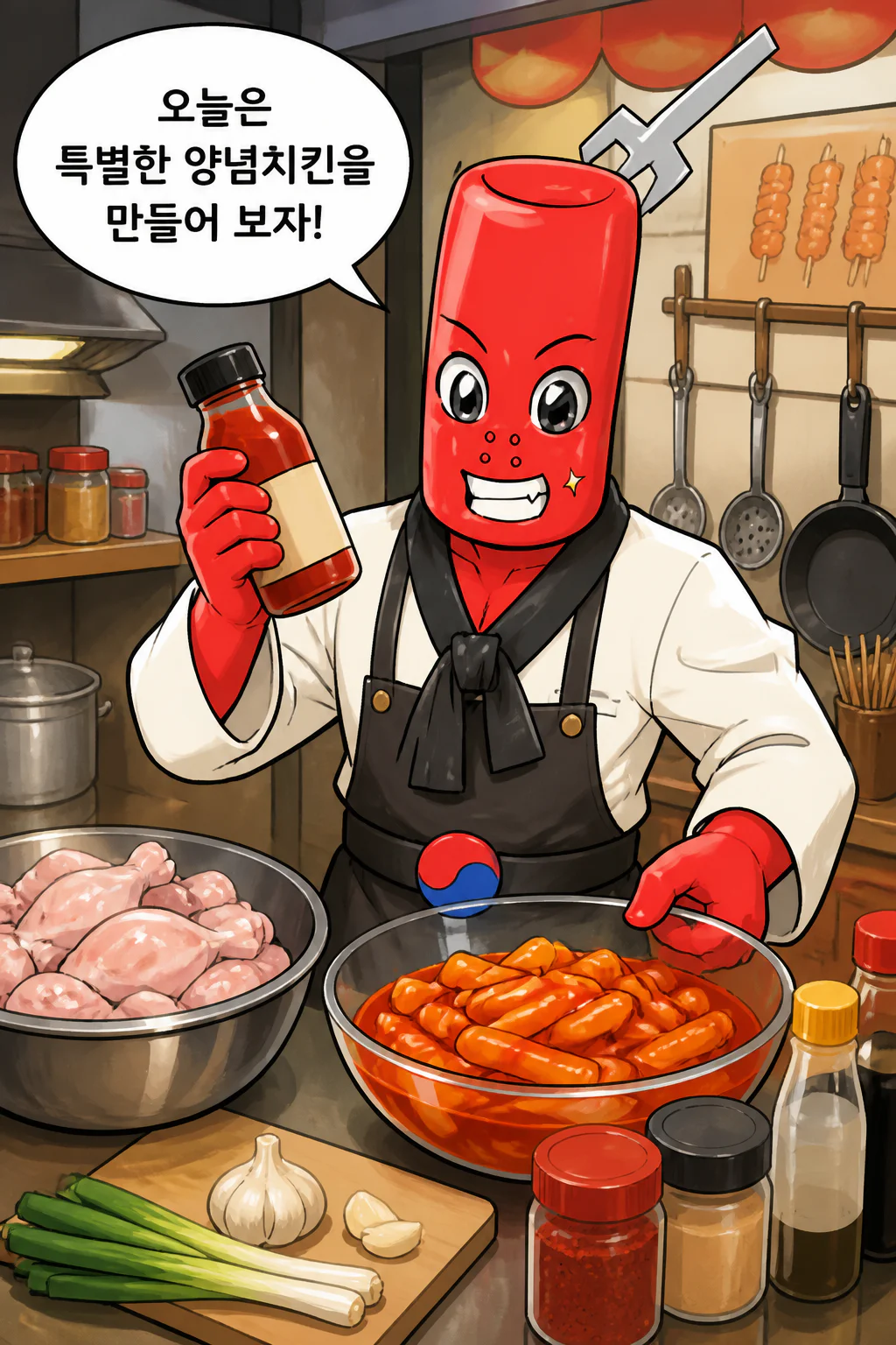 떡볶이군 떡볶이 소스를 베이스로 한 양념치킨을 만들다