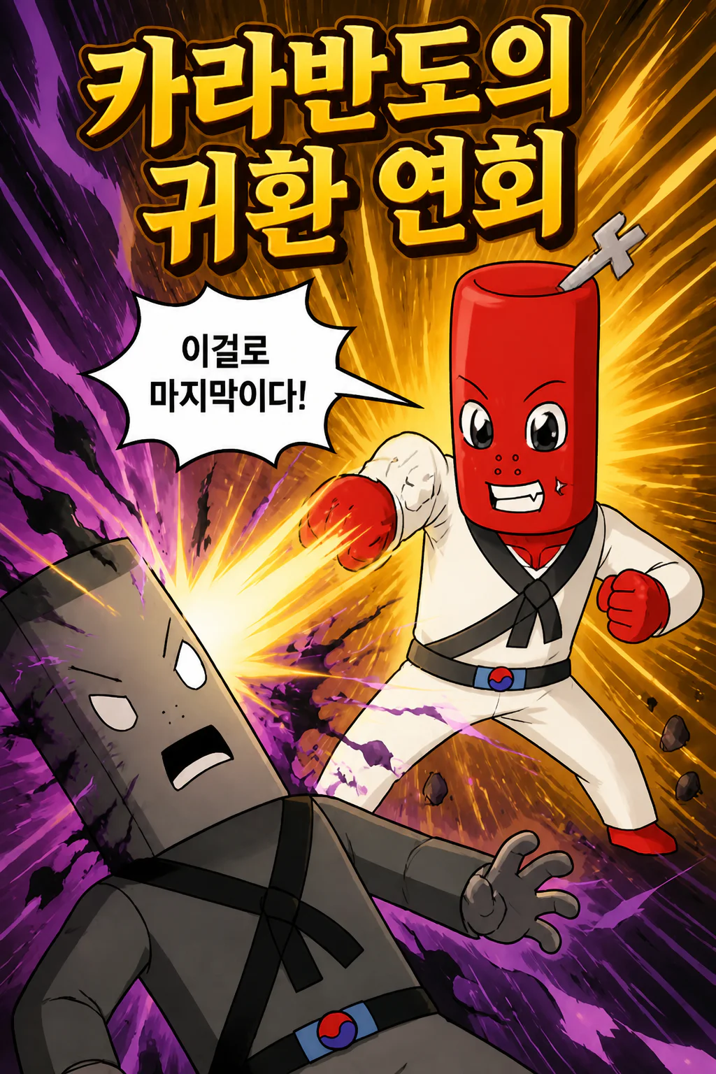 대왕 부부 블랙 떡볶이군을 소멸시키고 카라반도로 돌아온 떡볶이군을 위해 연회를 열다