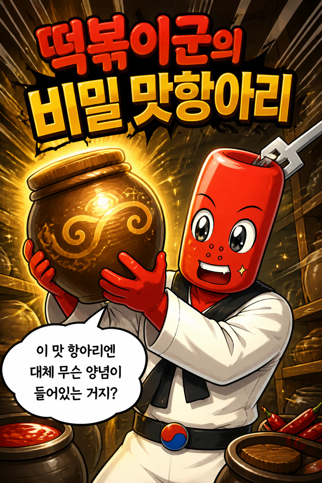 떡볶이군의 비밀 맛항아리에 들은 양념의 종류들에 머리에 스며듬에 따라 얼굴과 몸이 달라진다