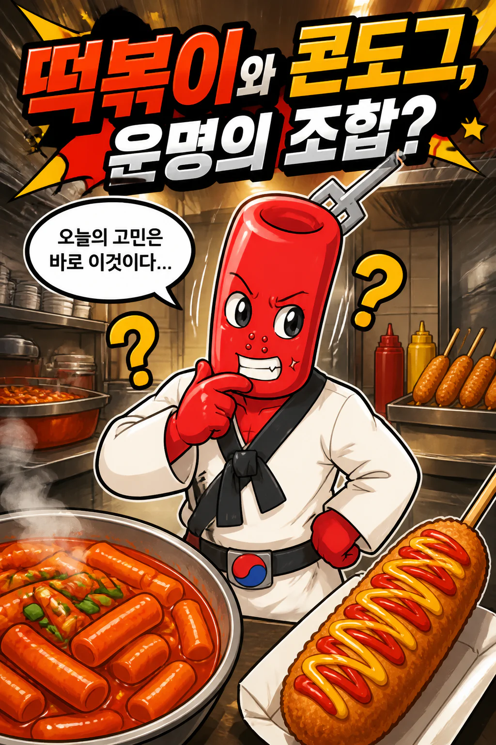 떡볶이군 떡볶이에 콘도그를 얹을까 고민하다