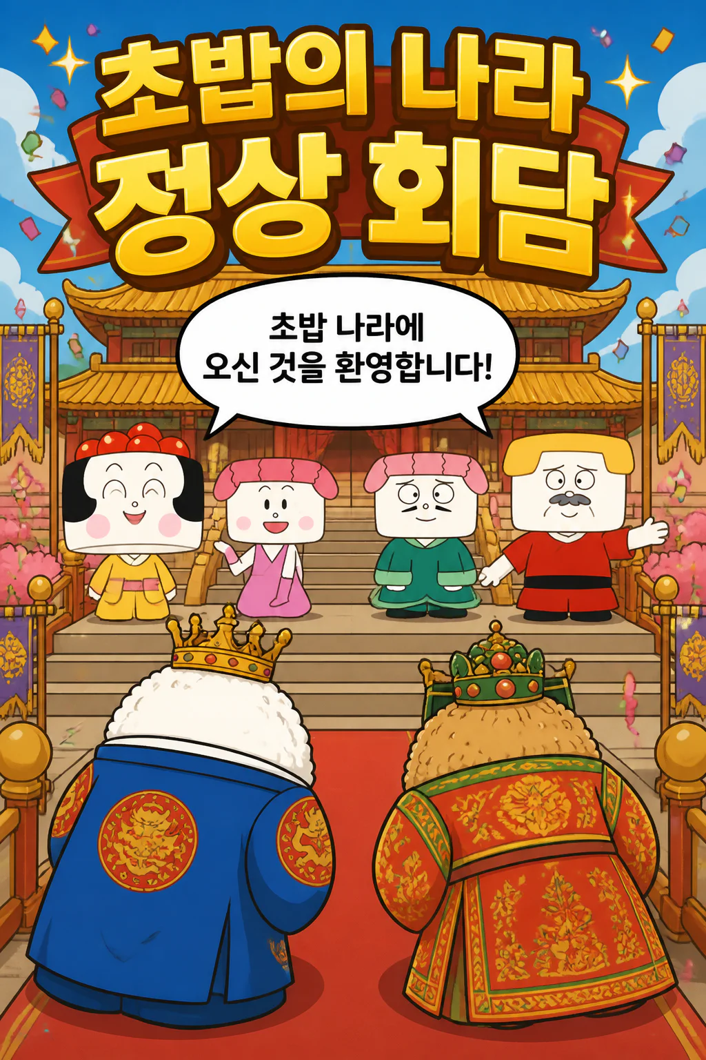 대왕 부부 초밥의 나라에 방문하여 초밥 나라 왕실과 정상 회담을 하다