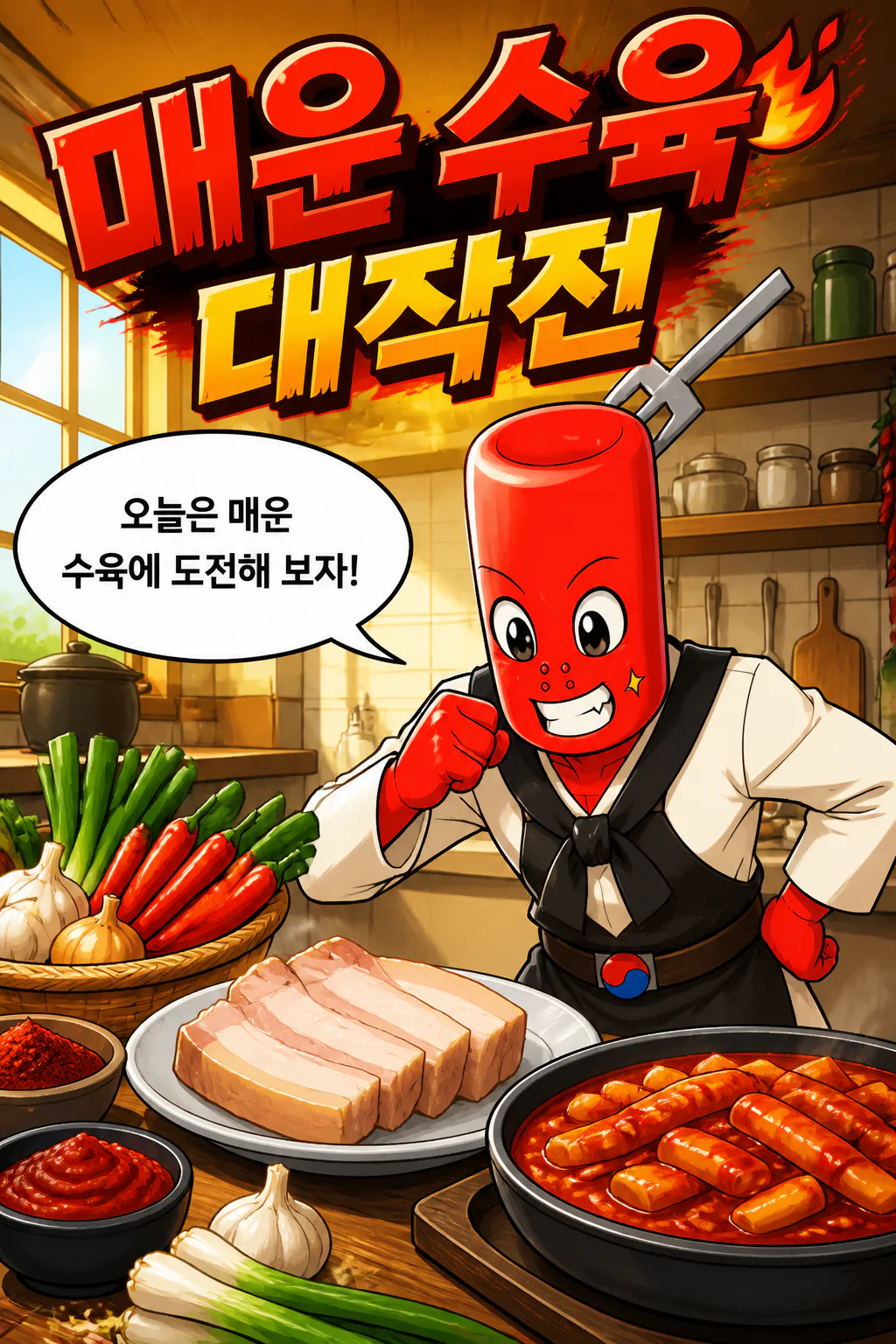 떡볶이군 돼지고기에 떡볶이 양념을 더한 매운 수육을 만들다