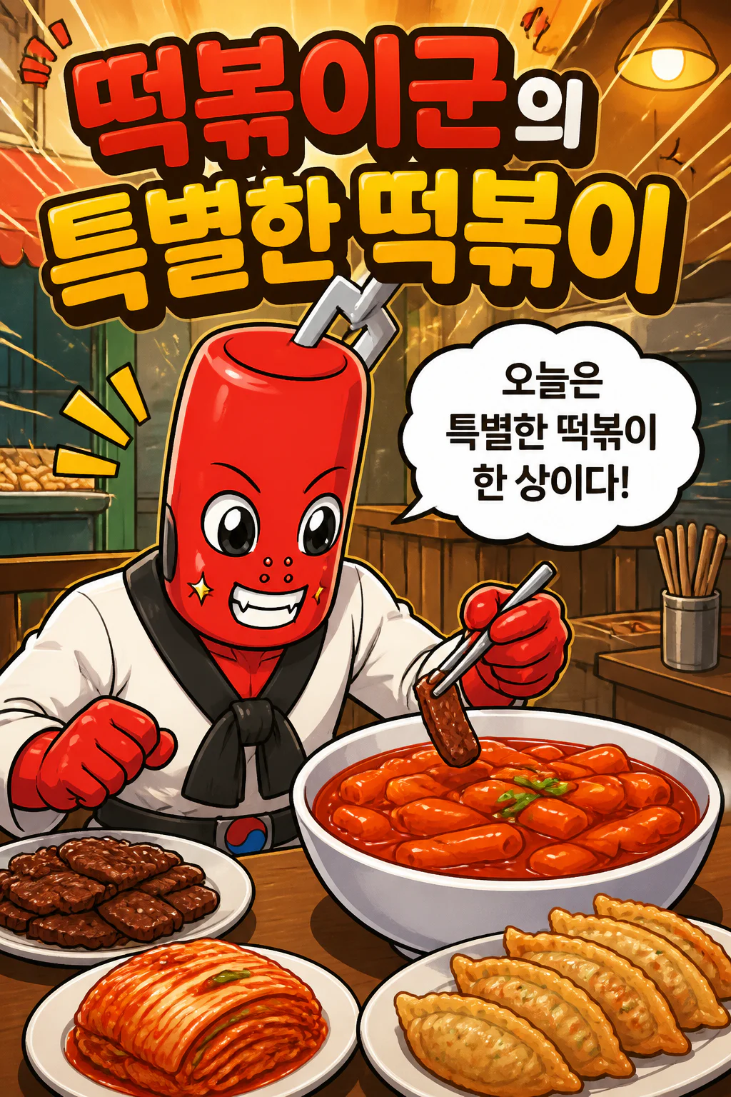 떡볶이군 고기,김치 튀김만두를 떡볶이에 곁들이다
