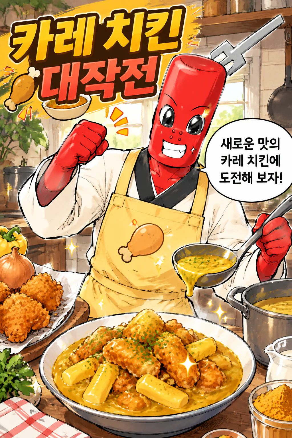 떡볶이군 후라이드 치킨에 카레 소스를 끼얹은 카레 치킨을 만들다