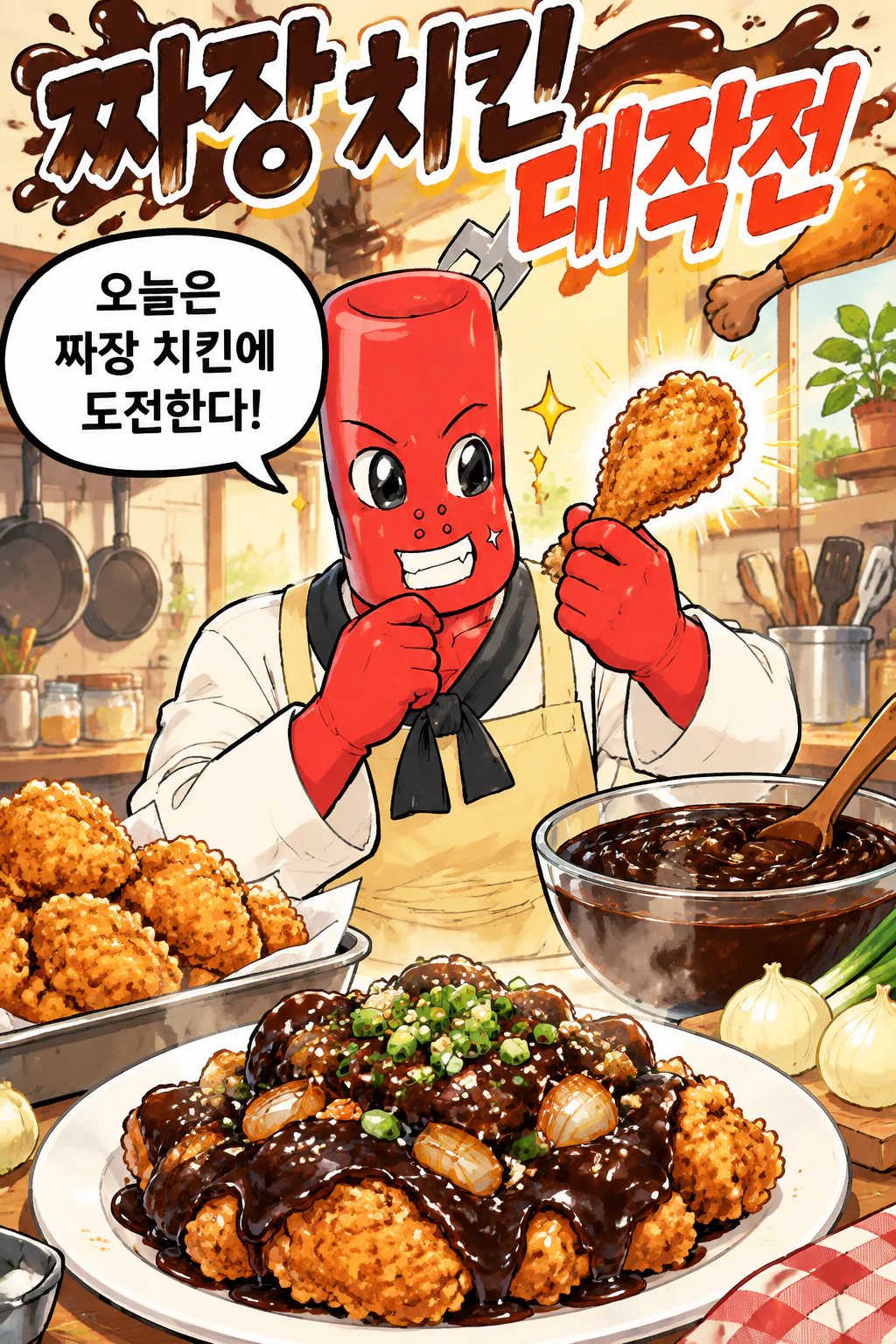 떡볶이군 후라이드 치킨에 짜장 소스를 끼얹은 짜장 치킨을 만들다