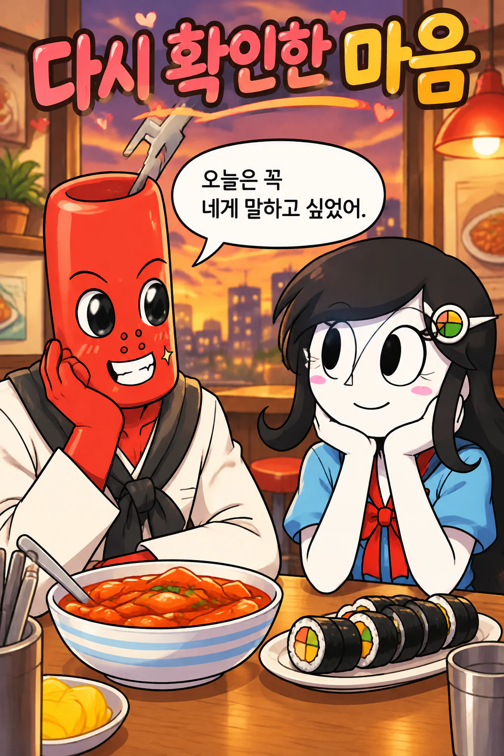 떡볶이군과 김밥소녀 서로간의 연심(戀心)을 다시 확인 한 뒤 키스를 하다