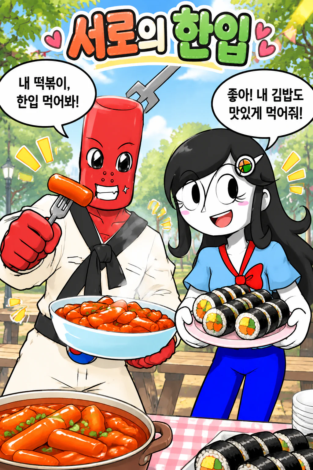 서로가 만든 음식을 먹는 떡볶이군과 김밥소녀