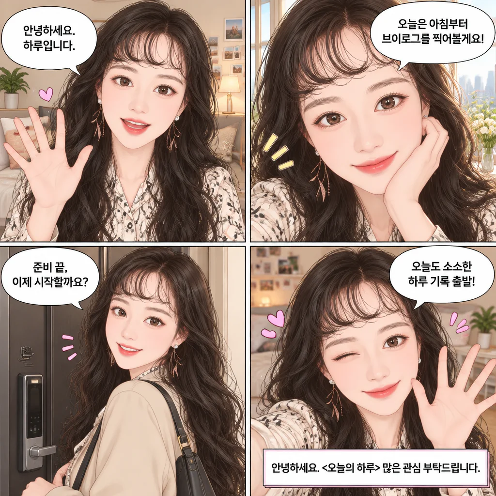 방금 등록한 내 캐릭터 "하루"(이)가 주인공인 웹툰 4컷을 그려줘. 내
