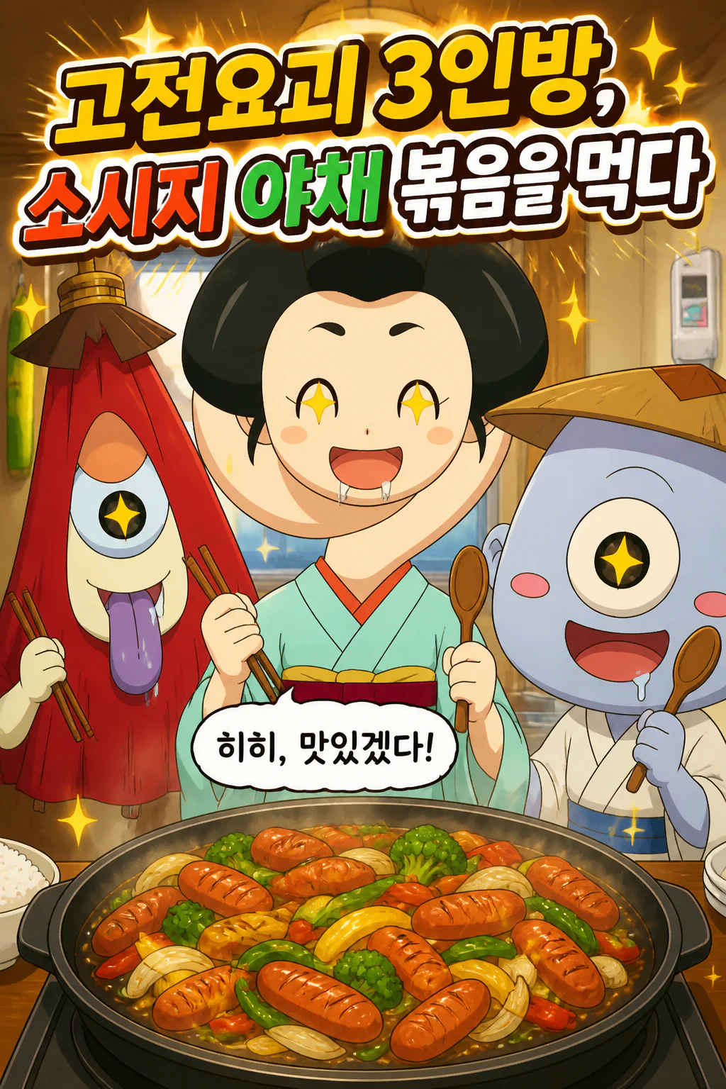 고전요괴 3인방 소시지 야채볶음을 먹다