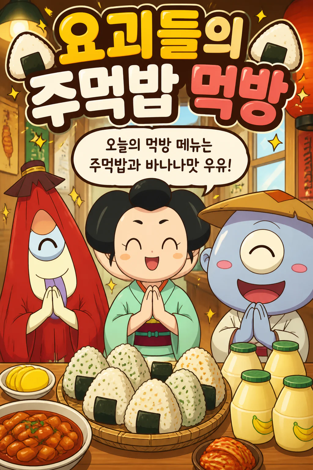 고전요괴 3인방 한국식 주먹밥들과 바나나맛 우유를 먹다