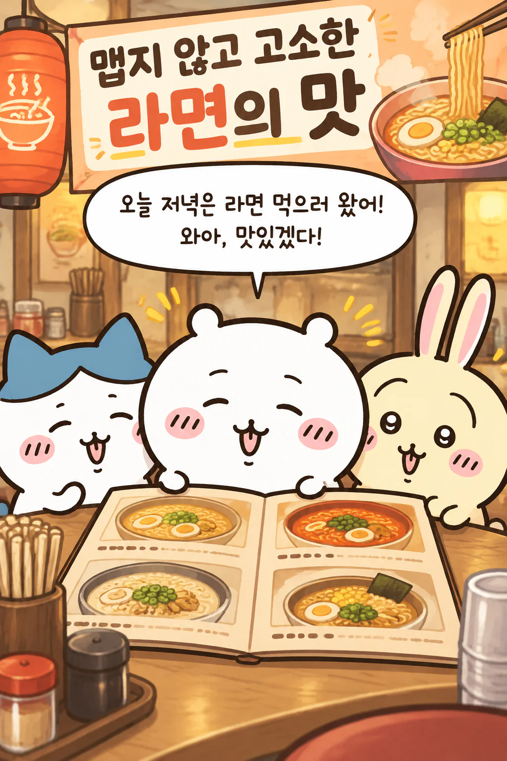 먼작귀 일행 맵지 않은 한국식 라면을 먹다