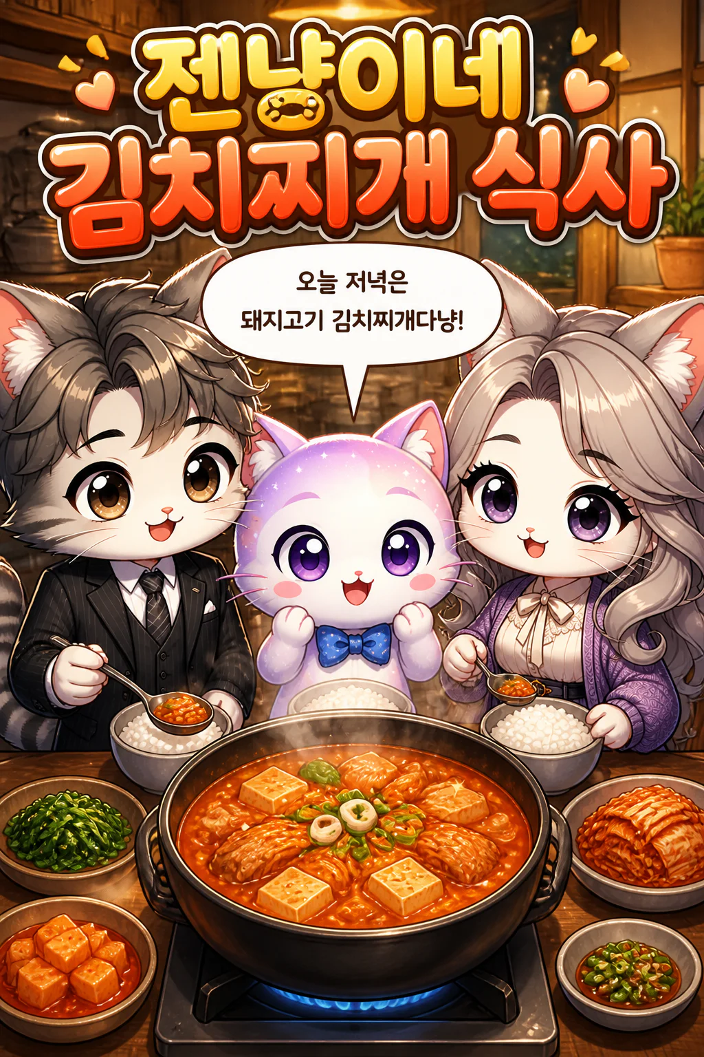 젠냥이 가족 돼지고기 김치찌개를 먹다