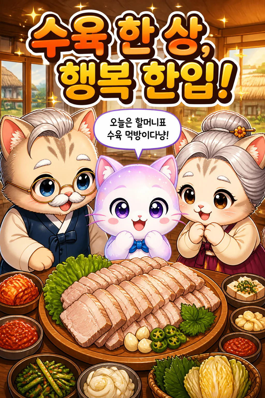 젠냥이 할아버지 할머니와 함께 하는 먹방 삶은 돼지고기 수육과 배추김치