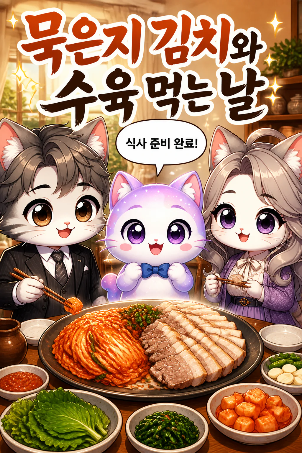 젠냥이 가족 묵은지 김치에 돼지고기 수육