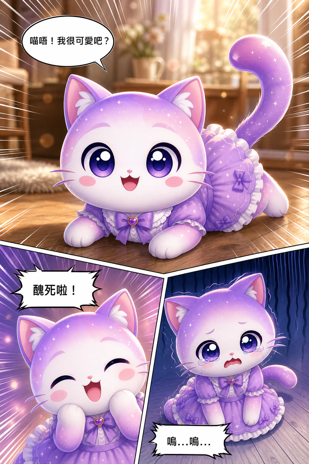 Q版紫色喵，尾巴長長的