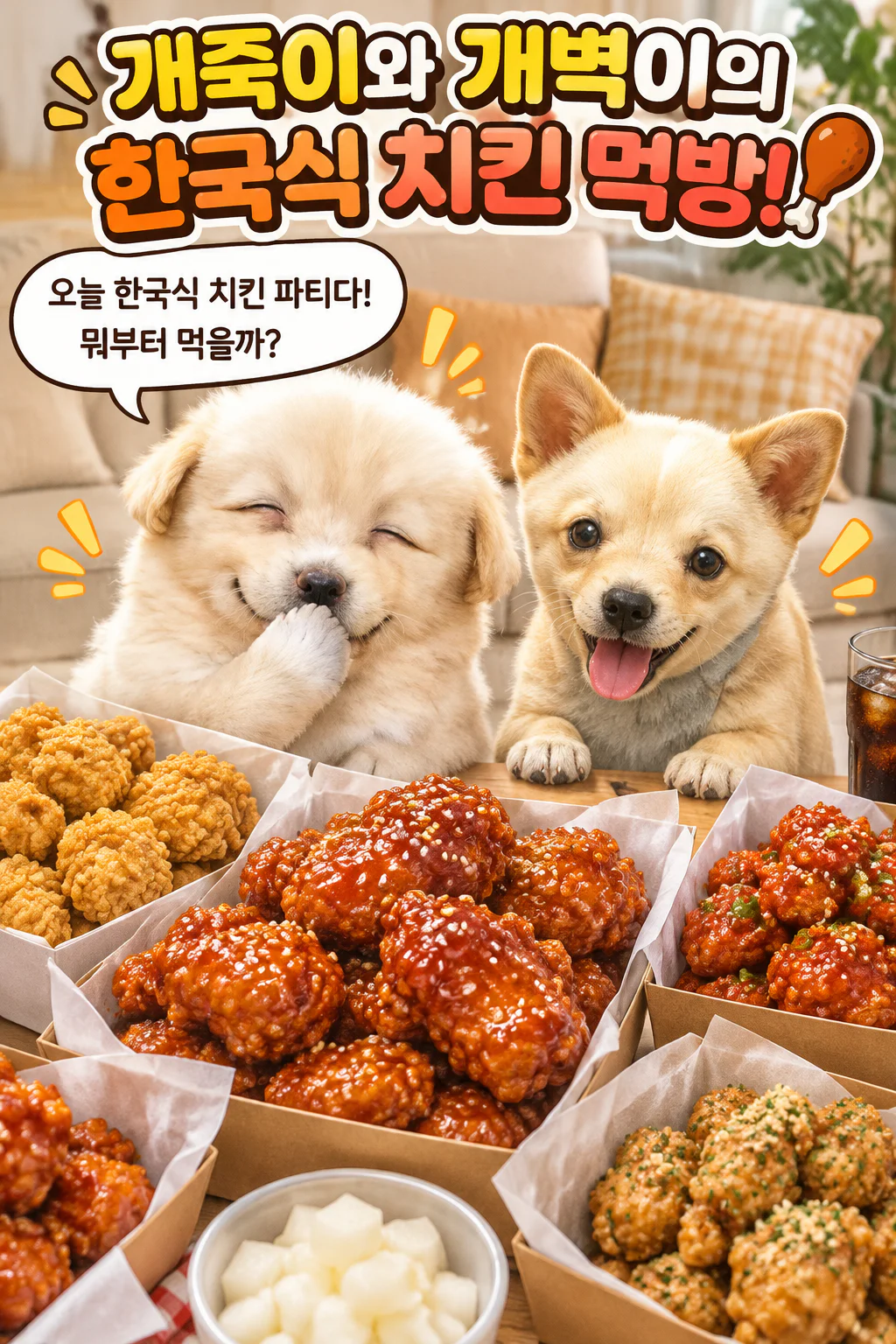 개죽이와 개벽이의 다양한 맛의 한국식 치킨 먹방과 음료수