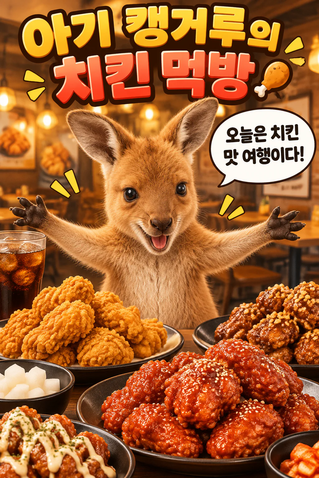 아기 캥거루의 다양한 맛의 한국식 치킨 먹방과 음료수