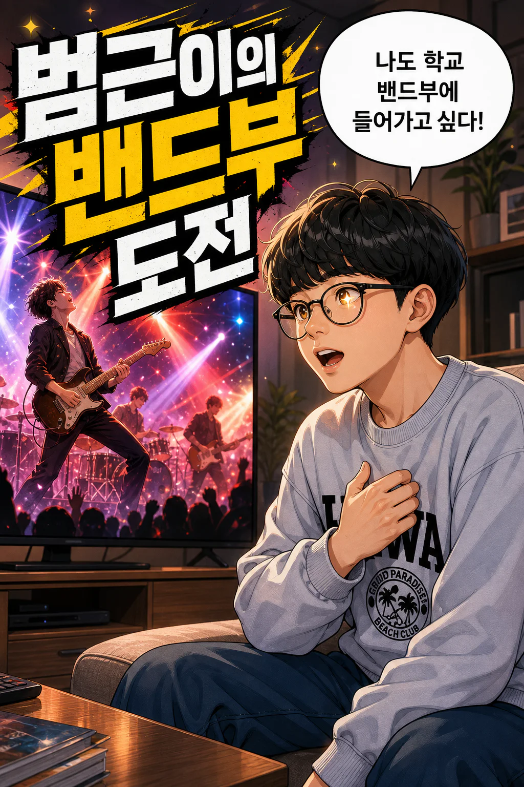 범근이가 tv를 보다가 락밴드의 모습에 감동. 자기도 학교 밴드부 신청을